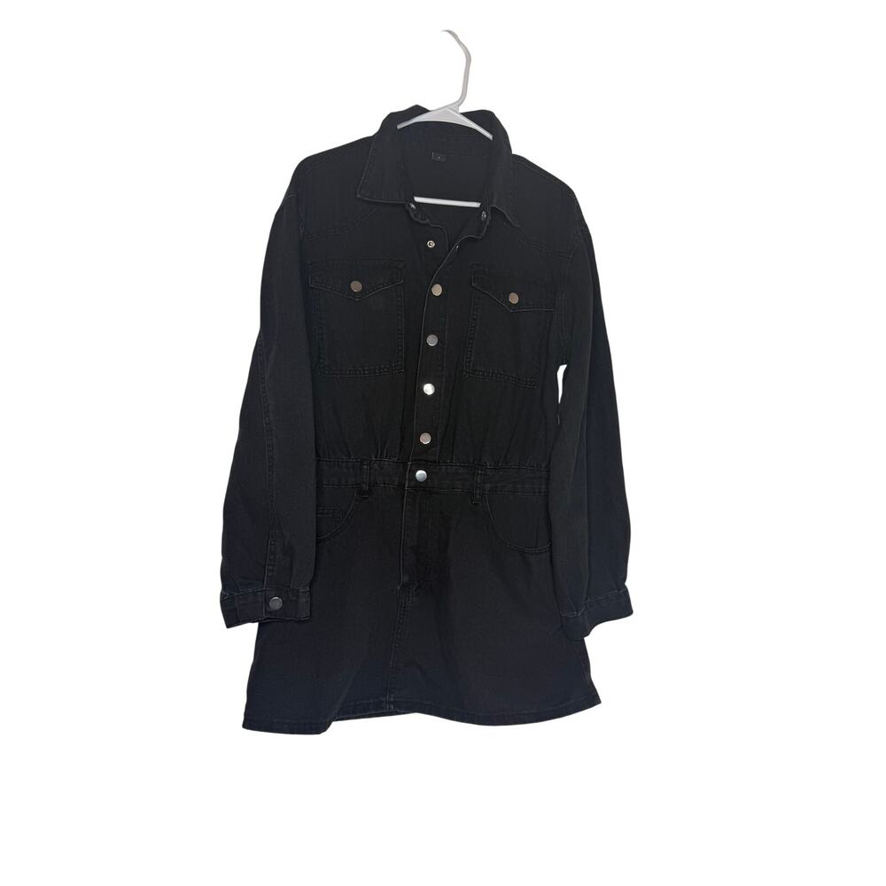 Black Denim Shirt Dress Size L Utility Snap Button Casual Streetwear
